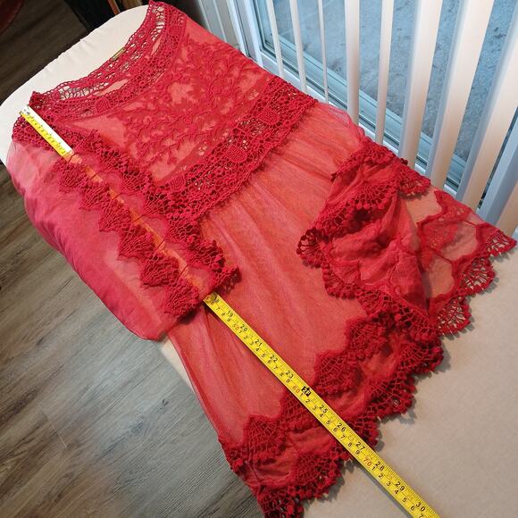 Sorrento Red Sheer Lace Top L blouse tunic swim cover boho lightweight summer - Picture 14 of 15